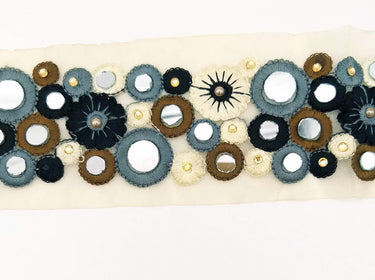 Gold Sheer Tissue Fabric Trim With Grey And Black Circles and Floral Embroidery With Mirror Embellishments, Indian Mirrored Trim